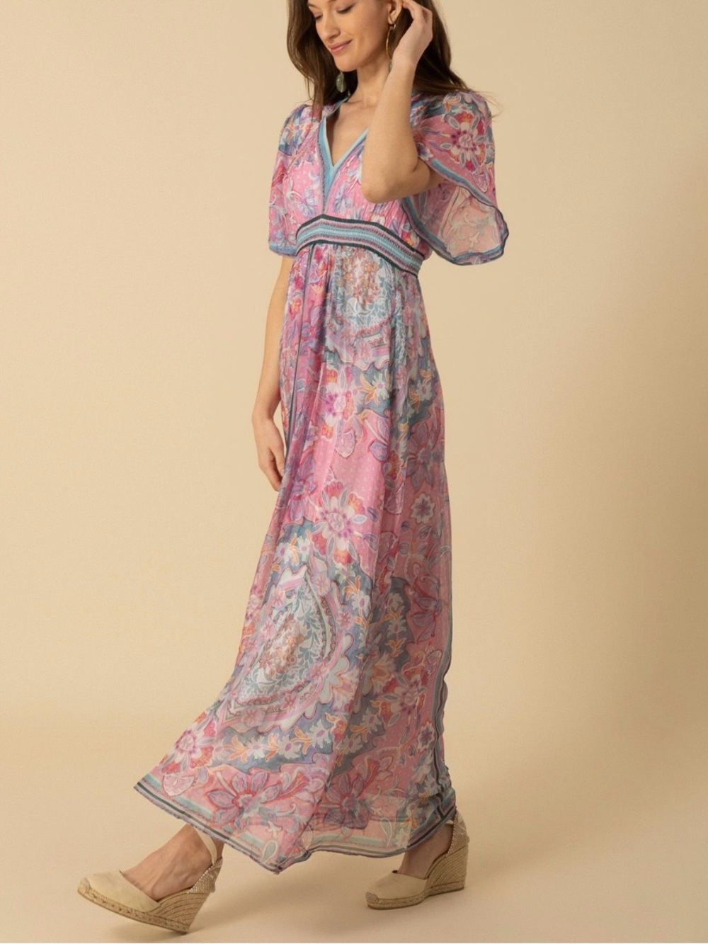 Hale Bob Pink Multi Floral V-Neck Maxi Dress
